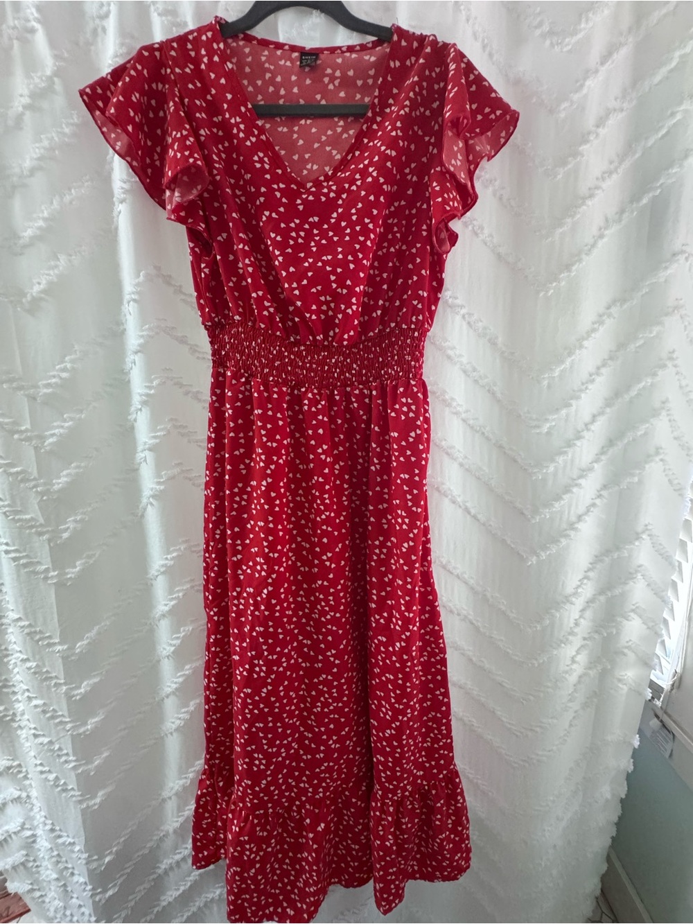 SHEIN Red Maxi Dress with White Heart Print and Flutter Sleeves